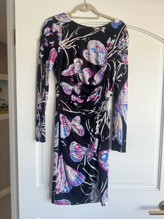 Black Floral & Butterfly Long-Sleeve Draped Midi Dress